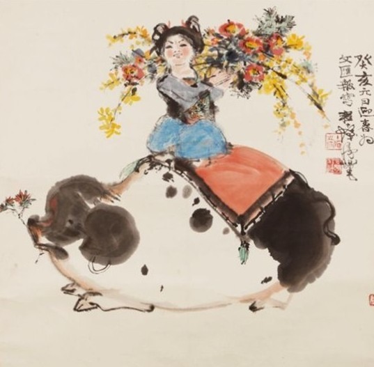 p>中国画《迎春图/p p>朱宣咸中国画《迎春图/p>
