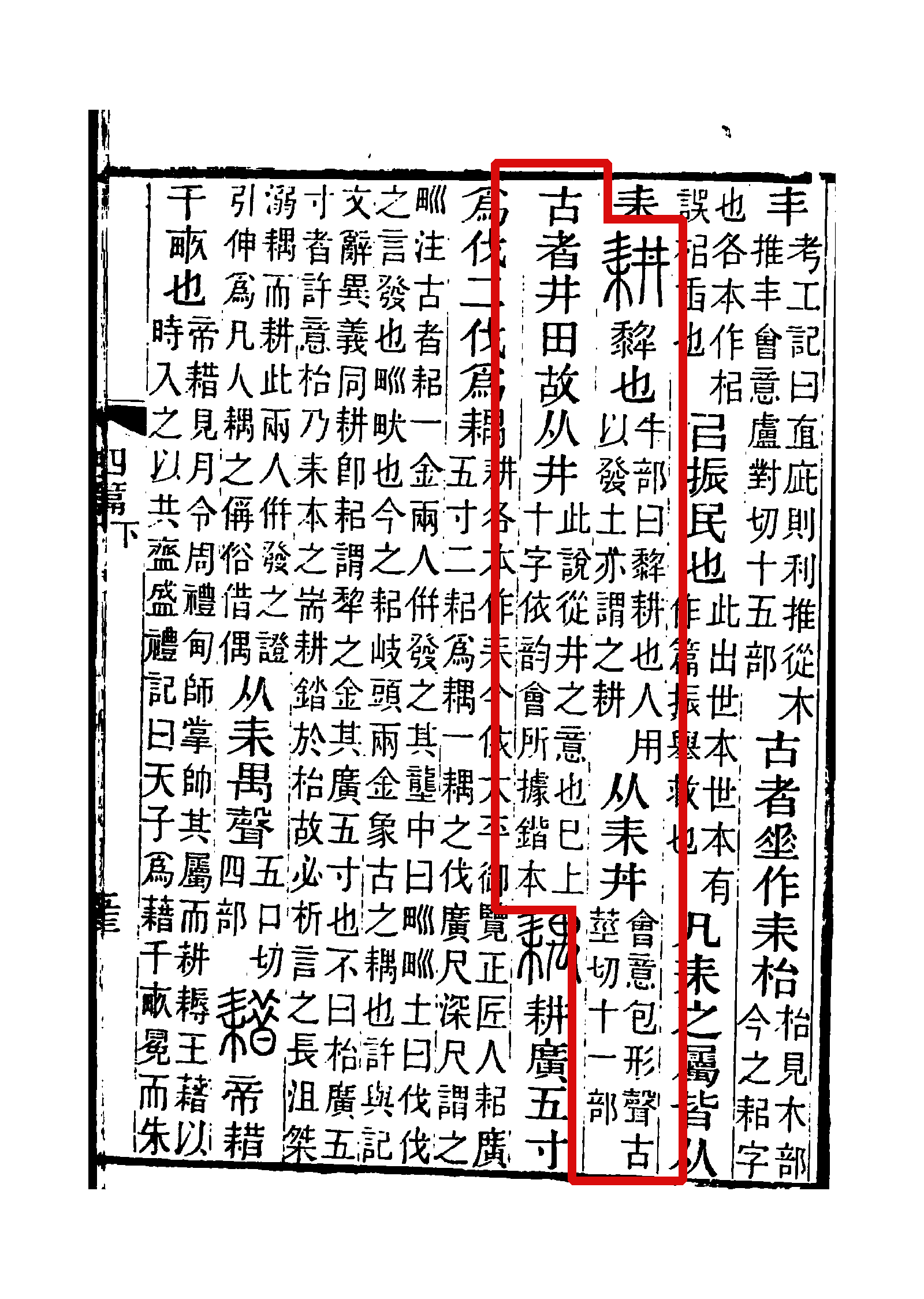 此字初文始见于战国金文,古字形从耒从井.井代表井田,兼表音.