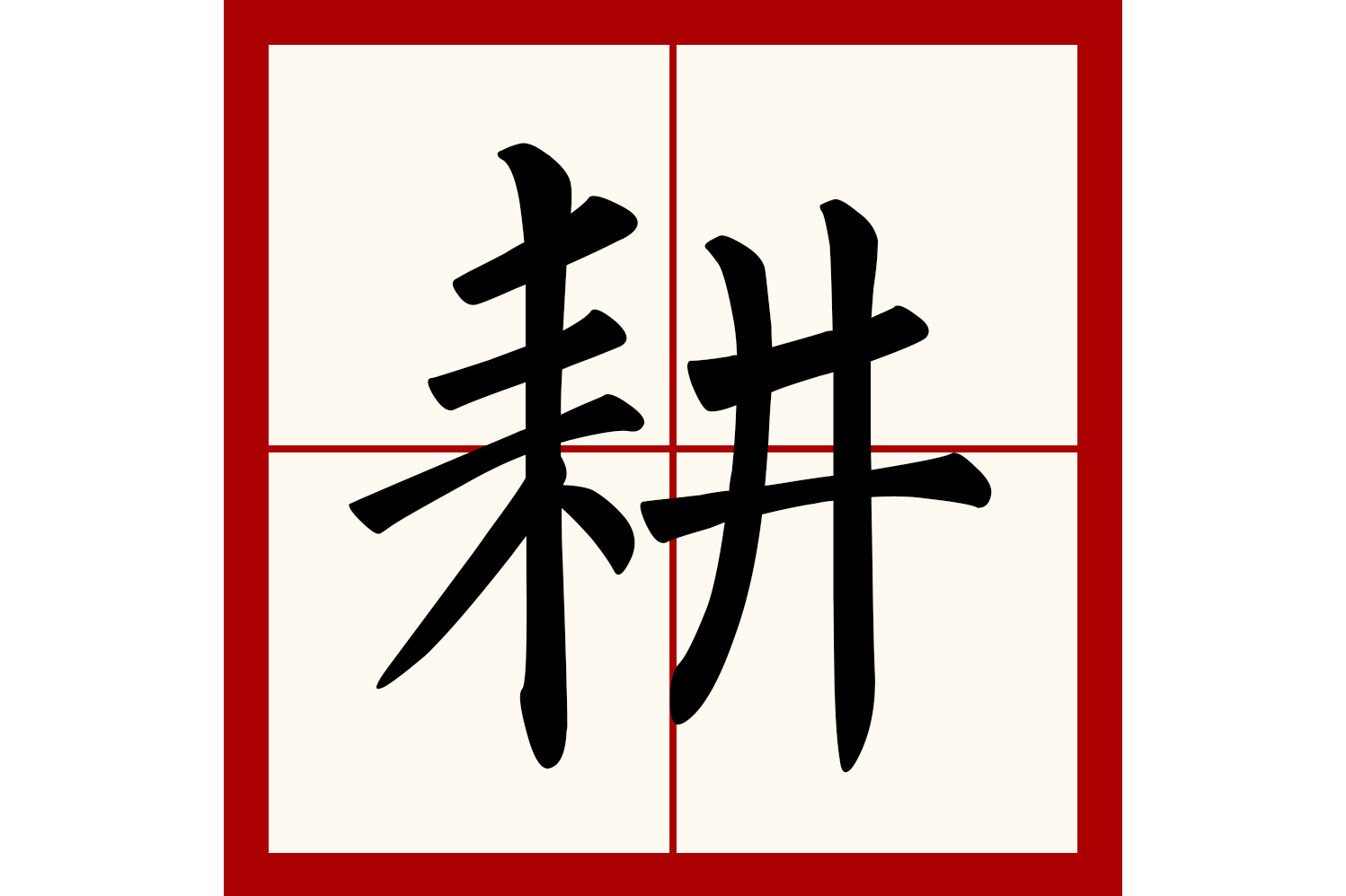 此字初文始见于战国金文,古字形从耒从井.井代表井田,兼表音.