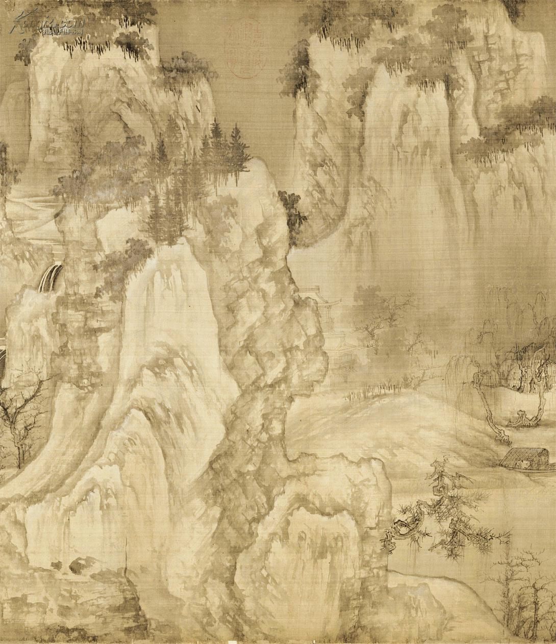 ">王诜 /a>所绘的一幅设色绢本山水中国画,上有宋徽宗的题记,该作品现