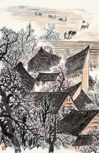  p>《关中风情·关中村舍》是现代画家赵望云创作的一幅纸本水墨设色