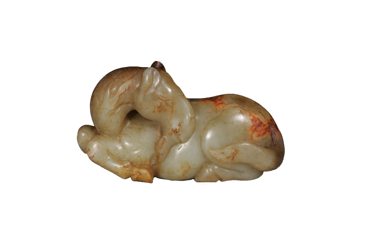 5cm, 宽4cm,高6cm,作品立雕而成,玉马回首伏卧