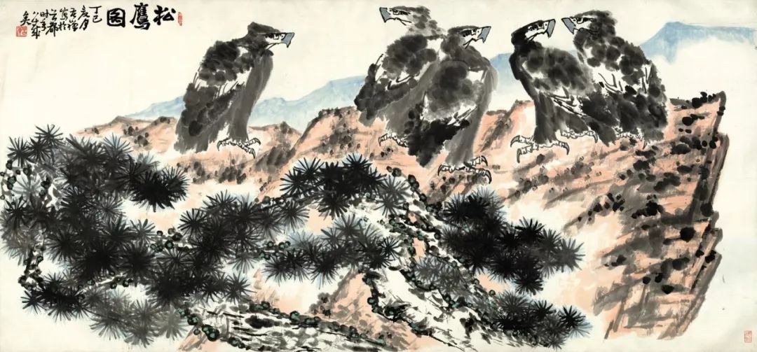 中国古美術・純手描き・四条屏・鹰画芯・国画・李苦禅印款・肉筆・宣紙