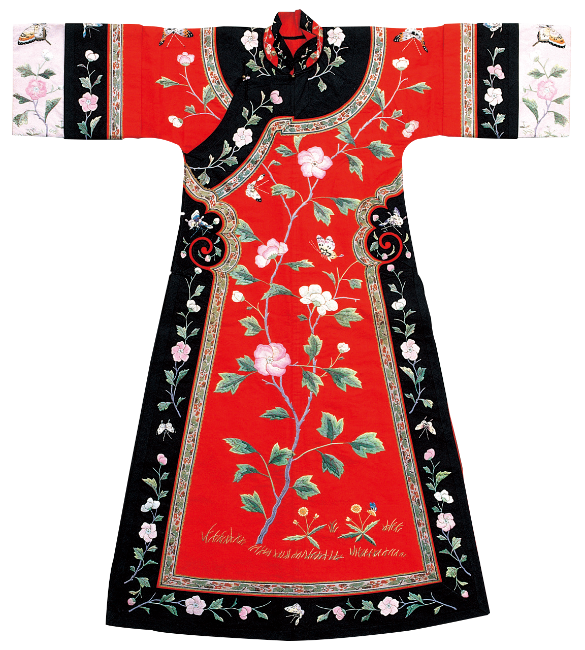 清末绸地刺绣独枝花蝶纹氅衣