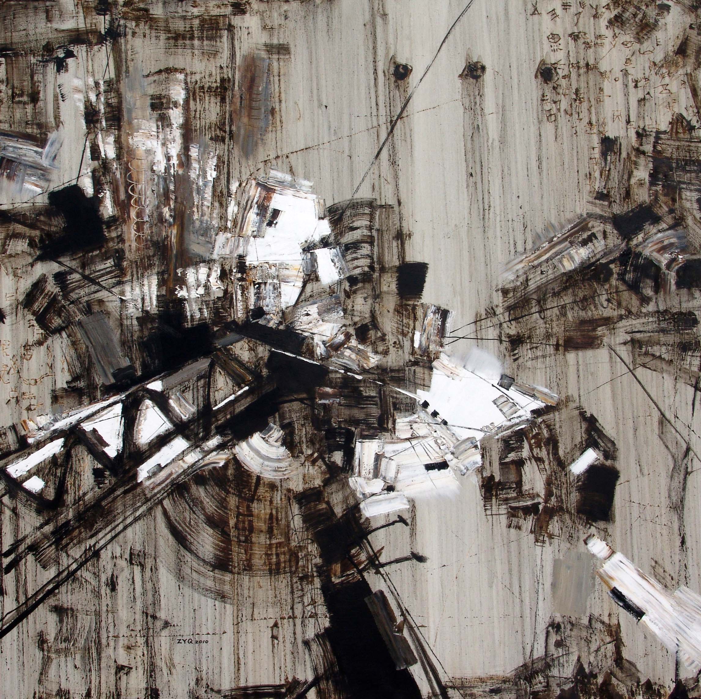 作品多以抽象解构主义为基本形式,用即兴的,带有草图式的表现手法,在