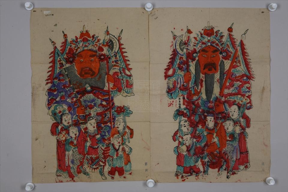 清苏州桃花坞立斧持鞭锏五子门神年画