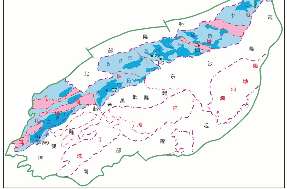  p>珠江口盆地位于东经113°10—118°00,北纬18°30—23°30之间