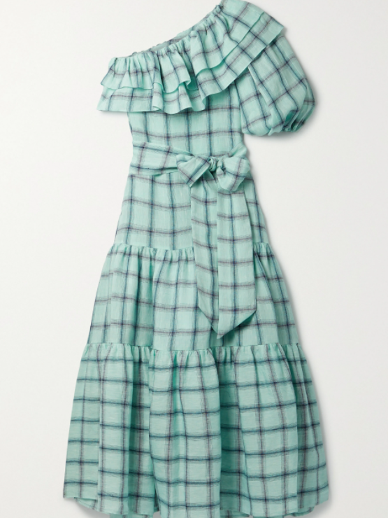 arden单肩格纹亚麻超长连衣裙