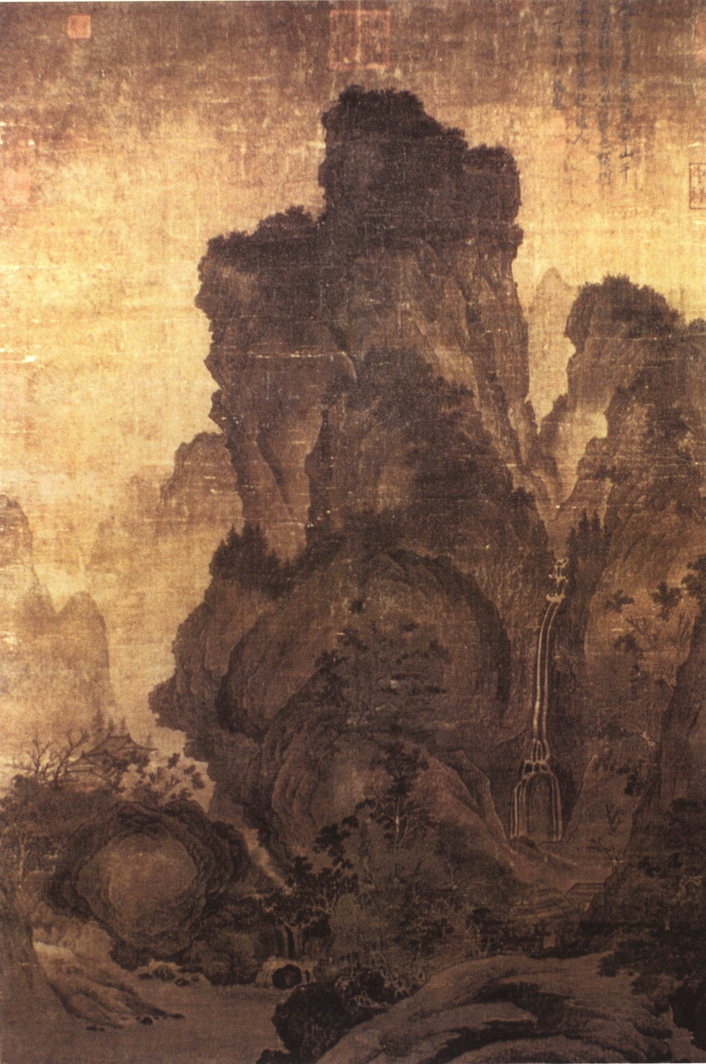 五代梁关仝画山溪待渡图轴