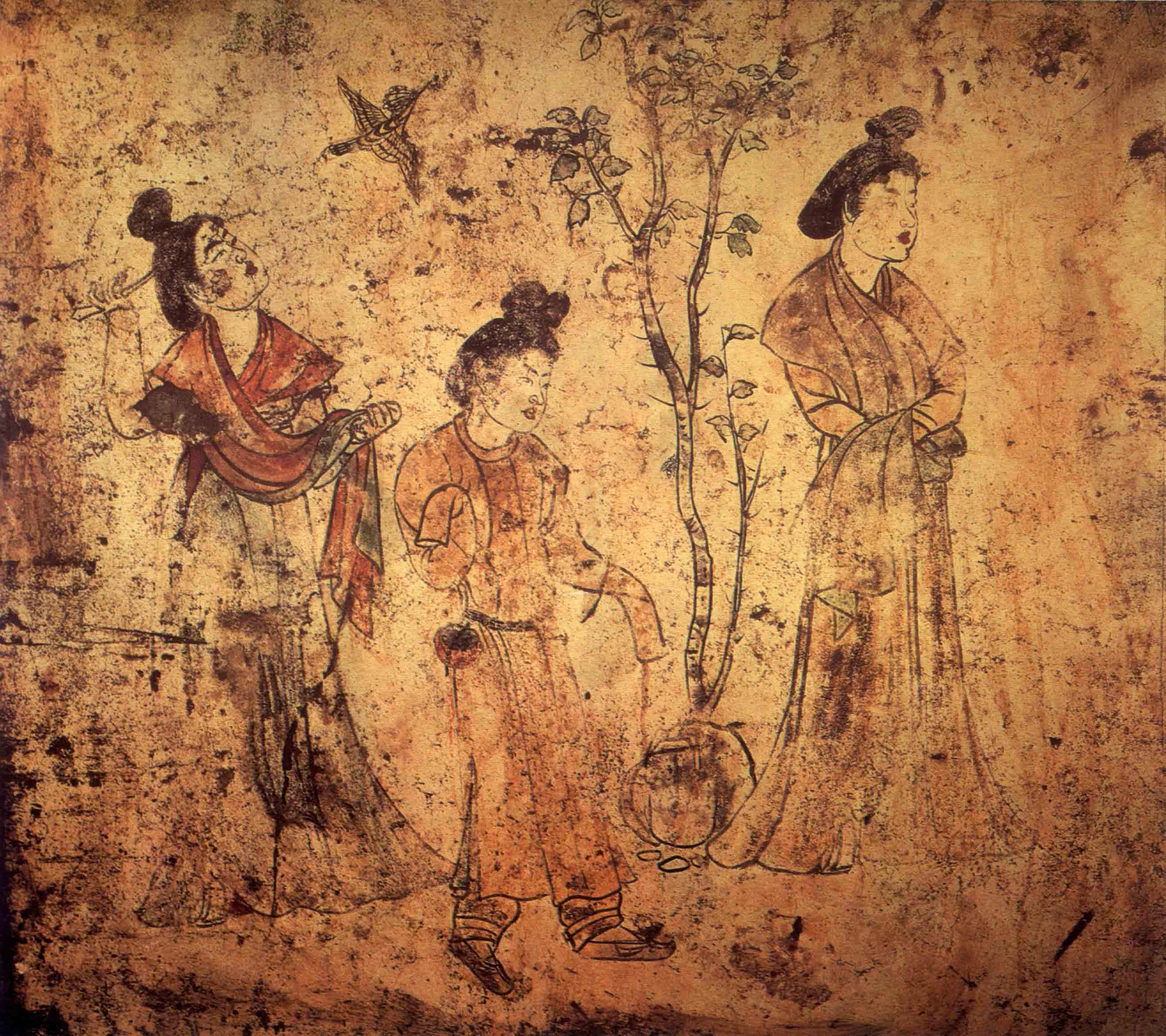 唐李贤墓壁画观鸟扑蝉图