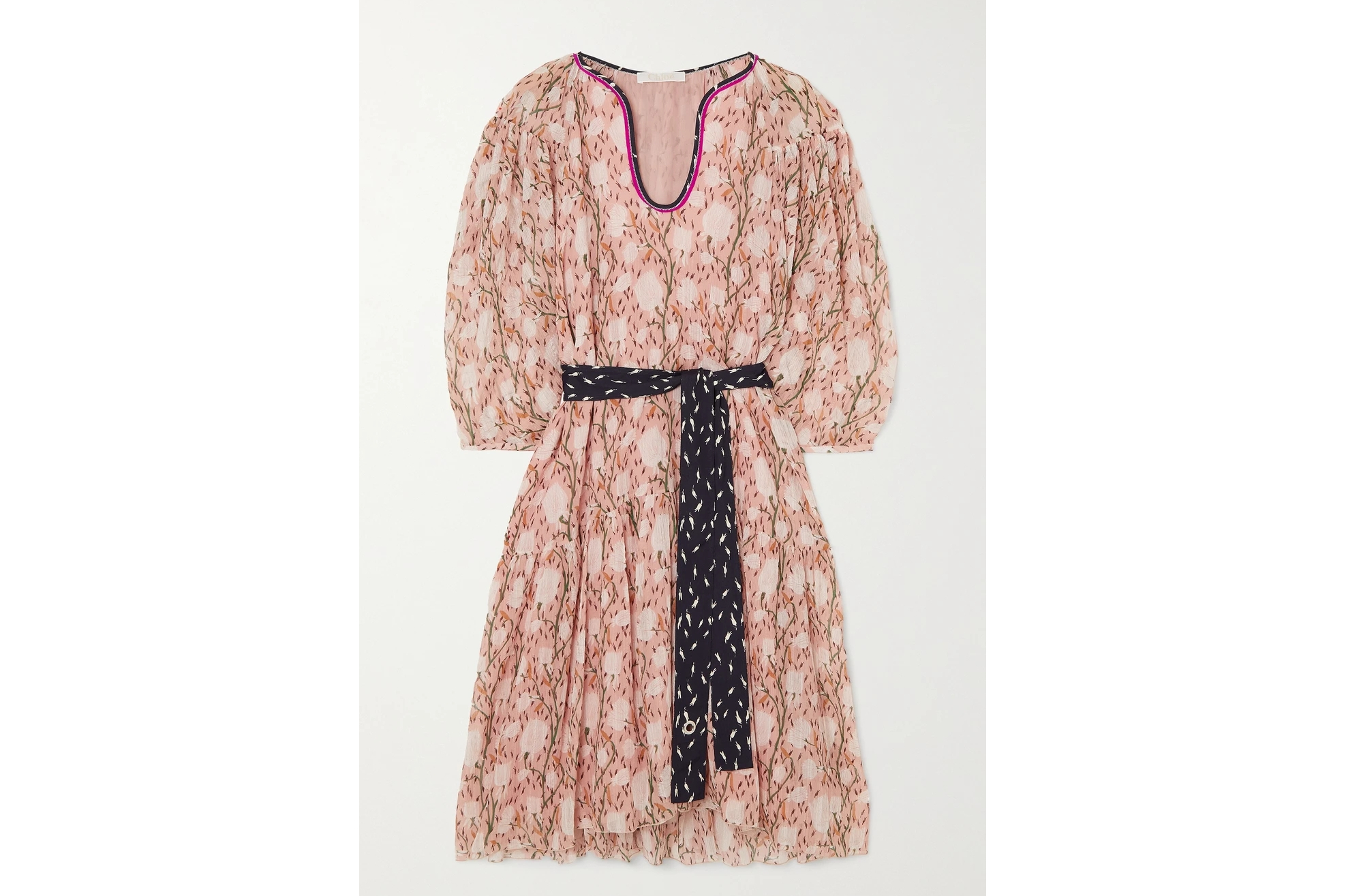 配腰带花卉印花棉丝混纺雪纺绸连衣裙