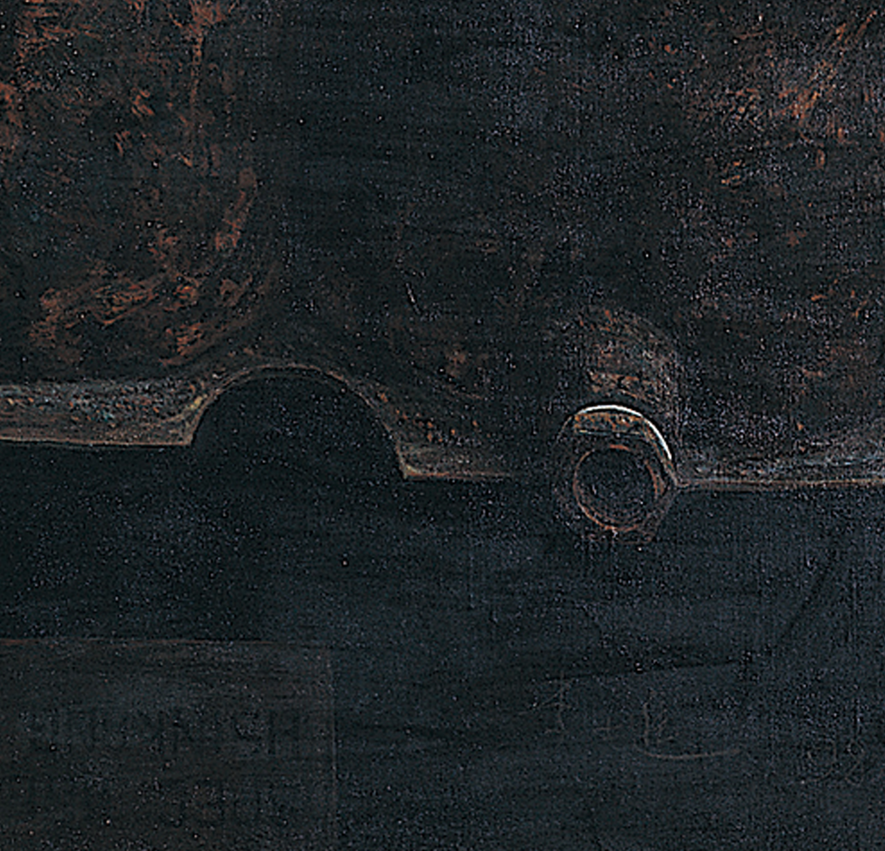 于1998年创作的油画作品,锈迹斑斑的铁炉子,背景是生锈的铁板,在