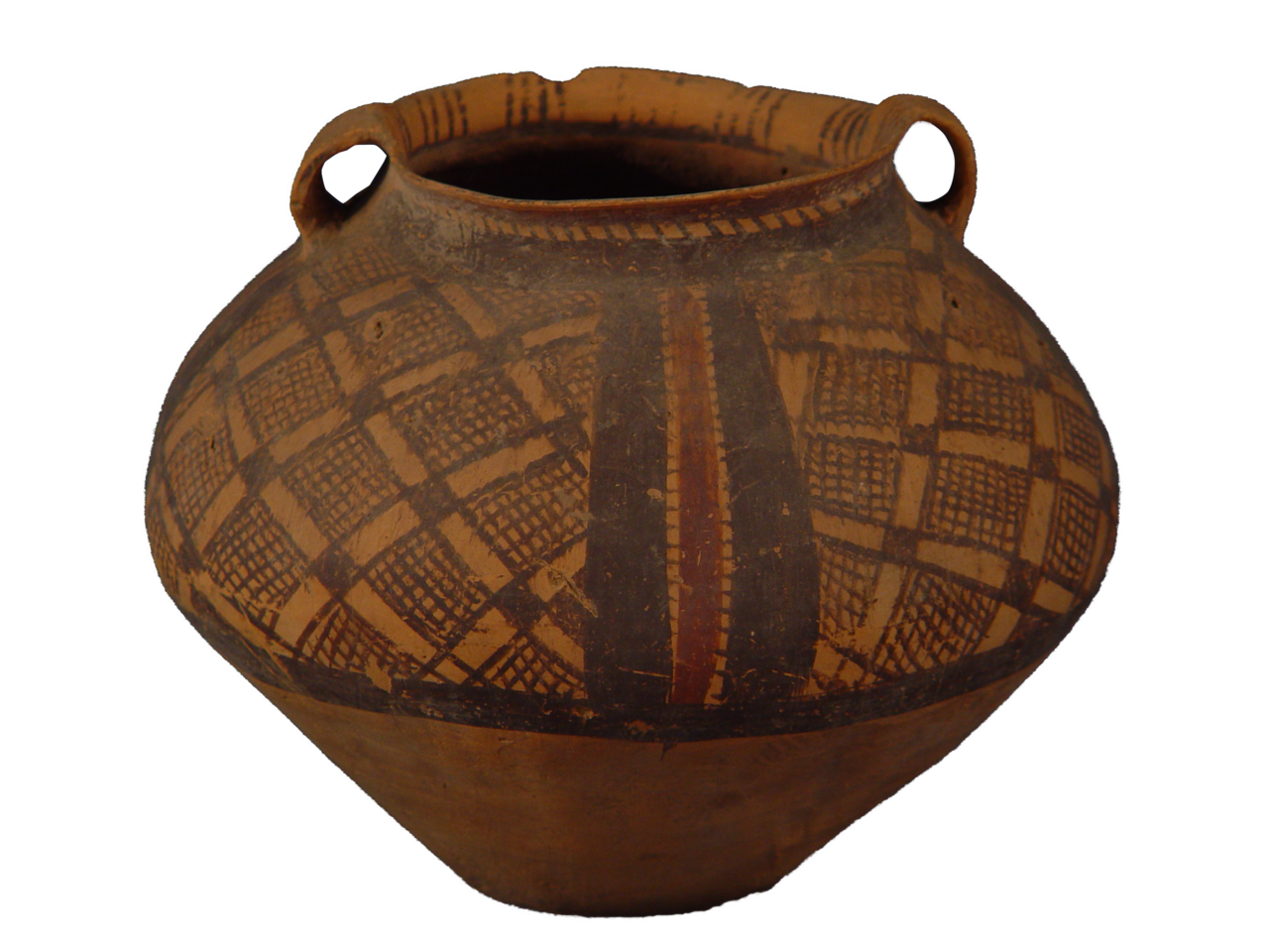  p>泥质红陶,胎呈黄色.短颈鼓腹,颈部附有双耳.