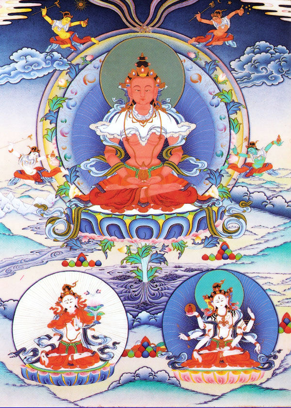  p>长寿三尊图常见于藏传佛教寺院殿堂和民间居家经堂的壁画,唐卡