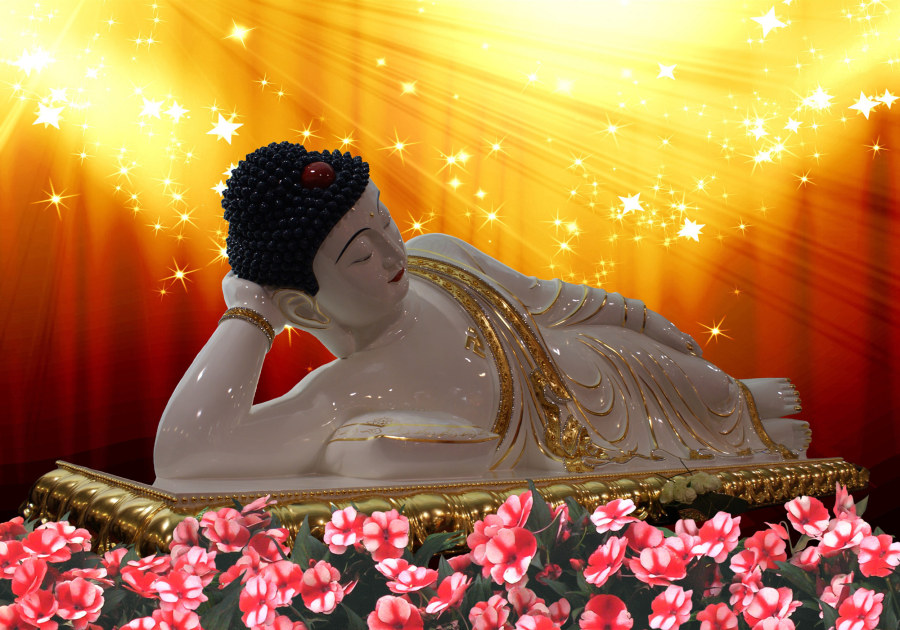  p>狮子卧式即世尊涅盘时的姿势:头北面西,右胁而卧,左腿压右腿,右手