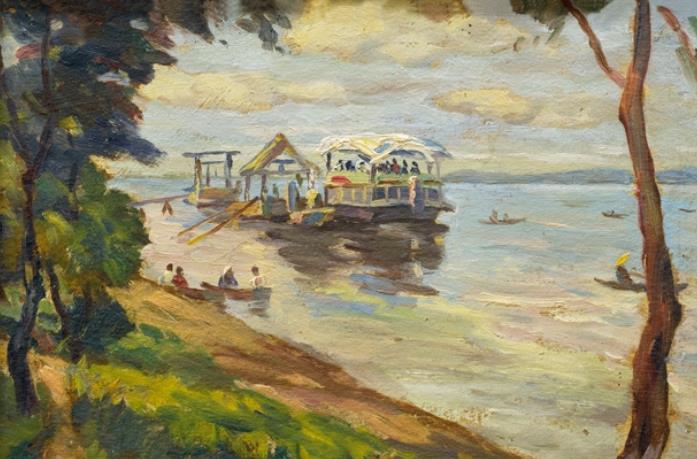 《松花江岸边》是1940年韩景生创作的一幅纸本油画