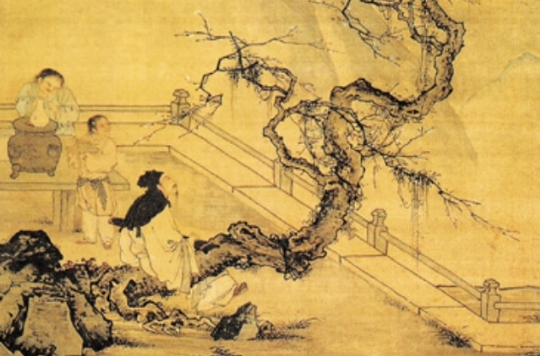  p>此图写文人雅士在梅下抚琴的情景.