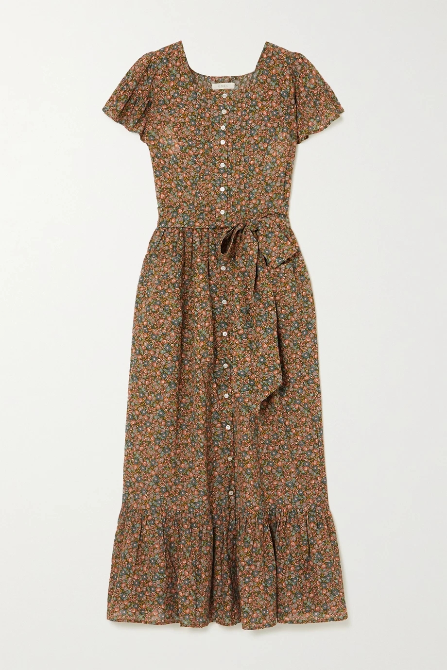 marfa配腰带花卉印花有机棉质混纺中长连衣裙