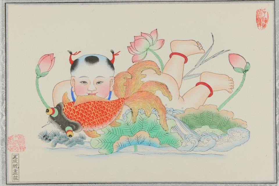  p>现代杨柳青子渔卧莲年画是重庆中国三峡博物馆收藏的绘画类作品.