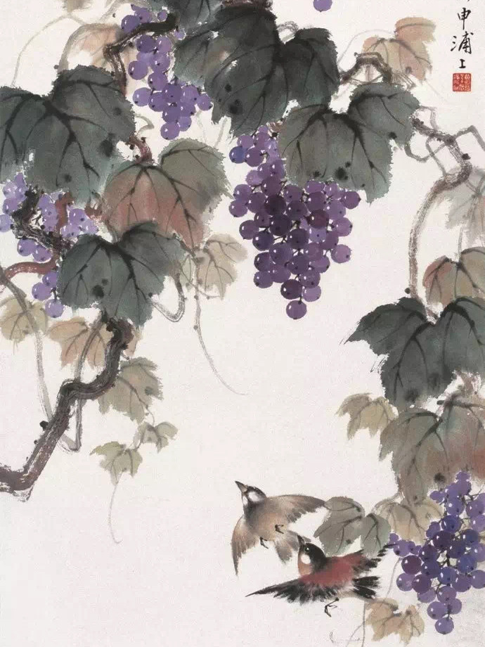 金秋十月，葡萄晶莹如玛瑙，飘香吸引小鸟，黄幻吾国画花鸟画欣赏_百科TA说