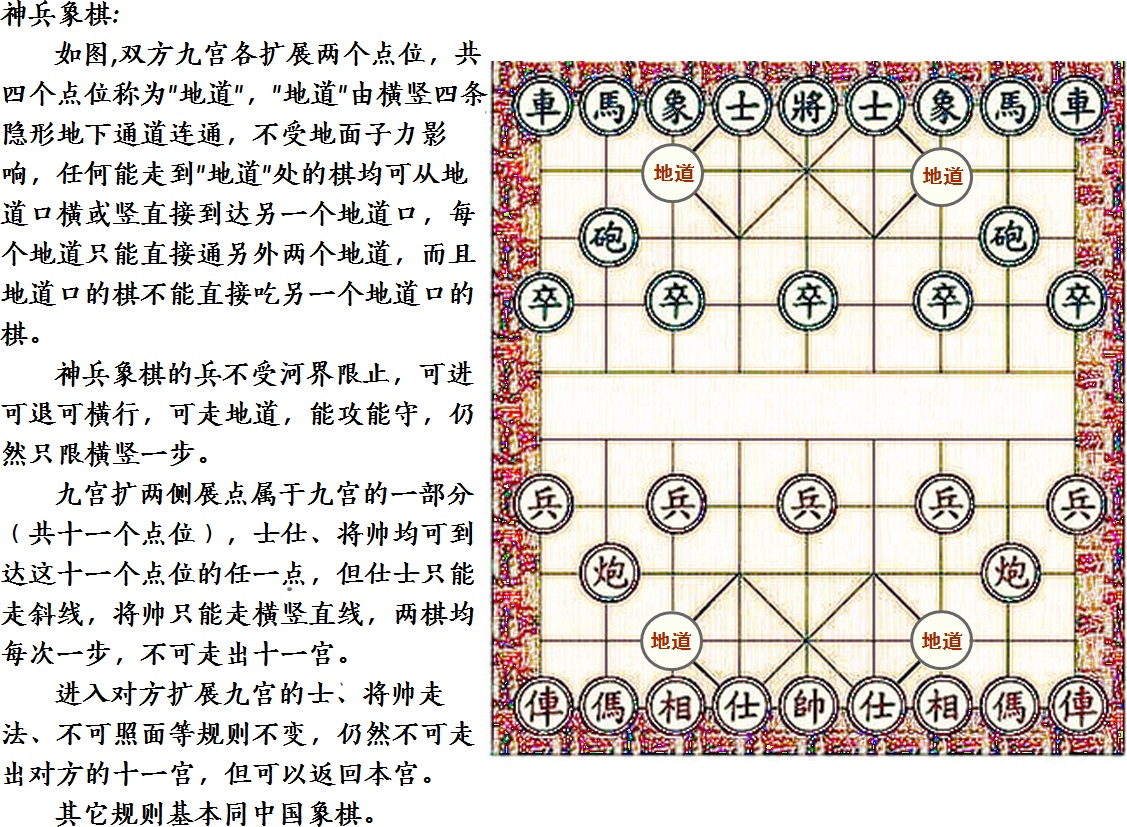  p>神兵象棋是一种象棋的玩法,兵不受河界限止,可进可退可横行,可走