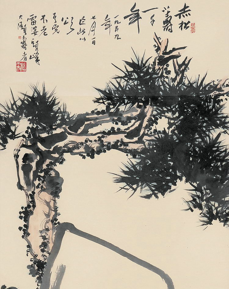 此幅《赤松小寿》为潘天寿先生晚期作品,作于1959年,为庆祝党的生日而