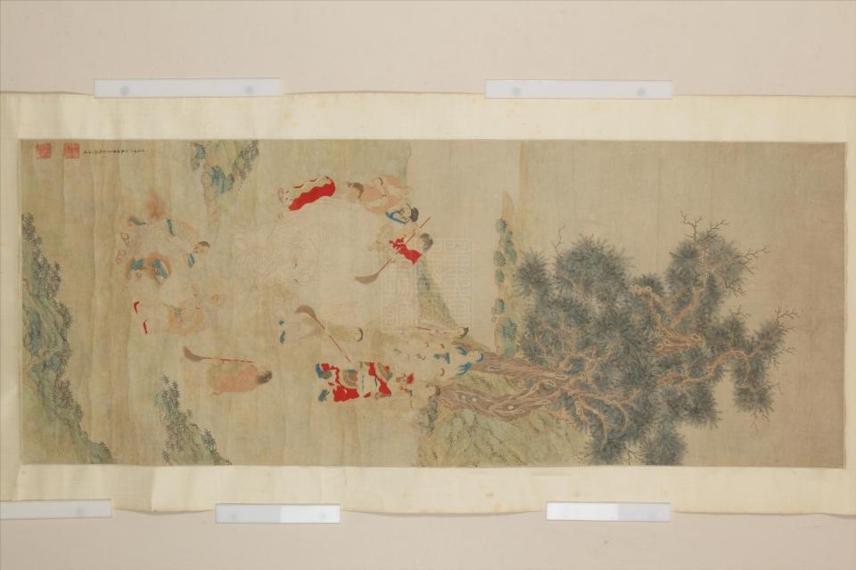 清丁云鹏款洗象图轴