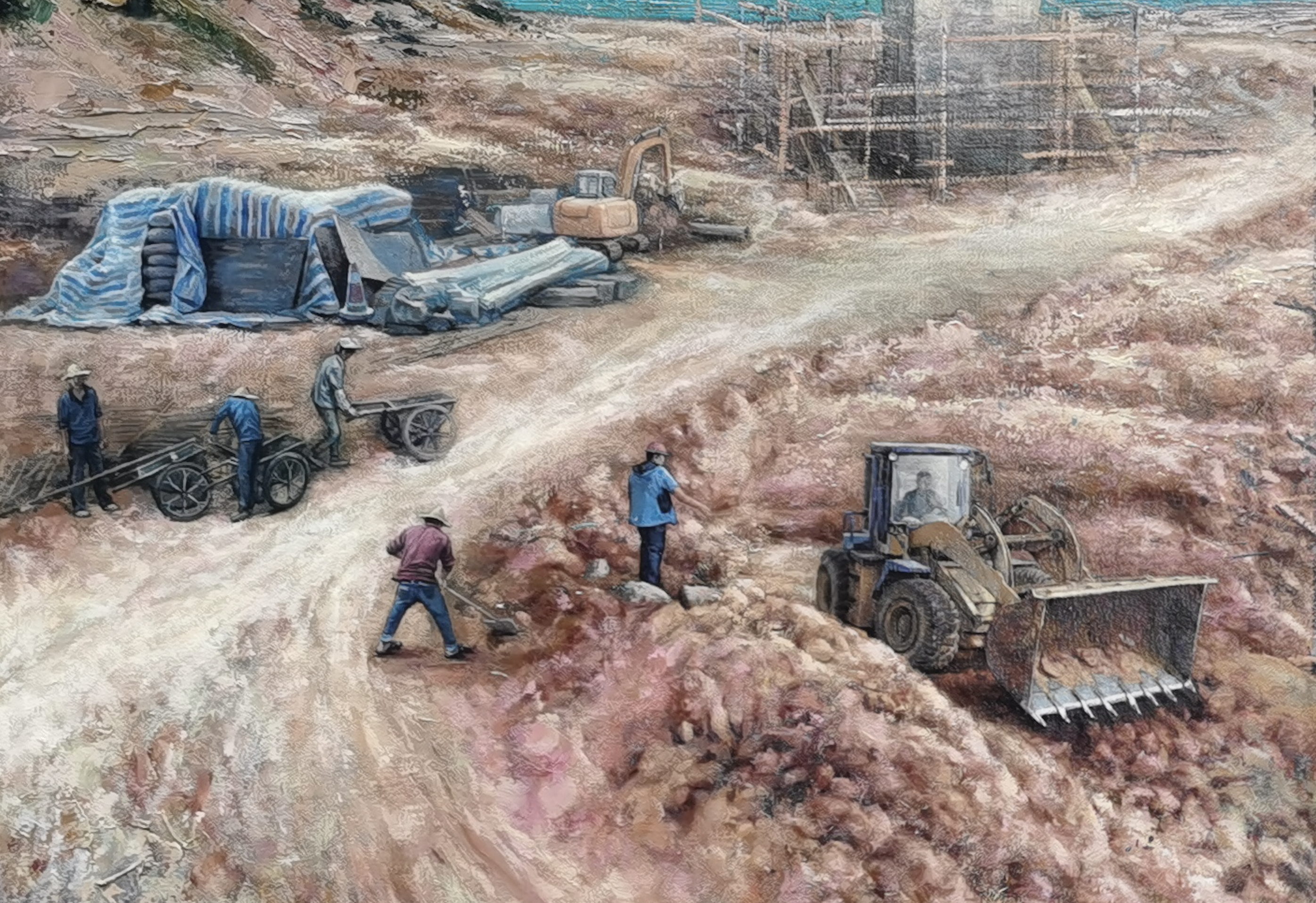 《筑路图》是张军2021年创作的油画作品,在"天府天工——四川工业题材