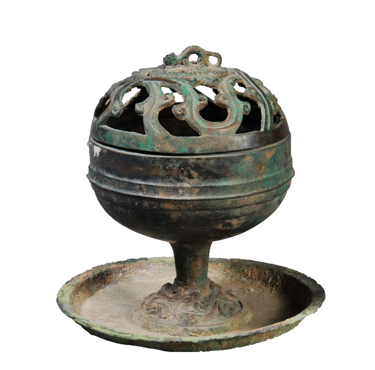 西汉螭龙虎钮镂空盖青铜熏炉