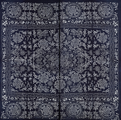 苏州狮子戏球纹蓝印花布被单