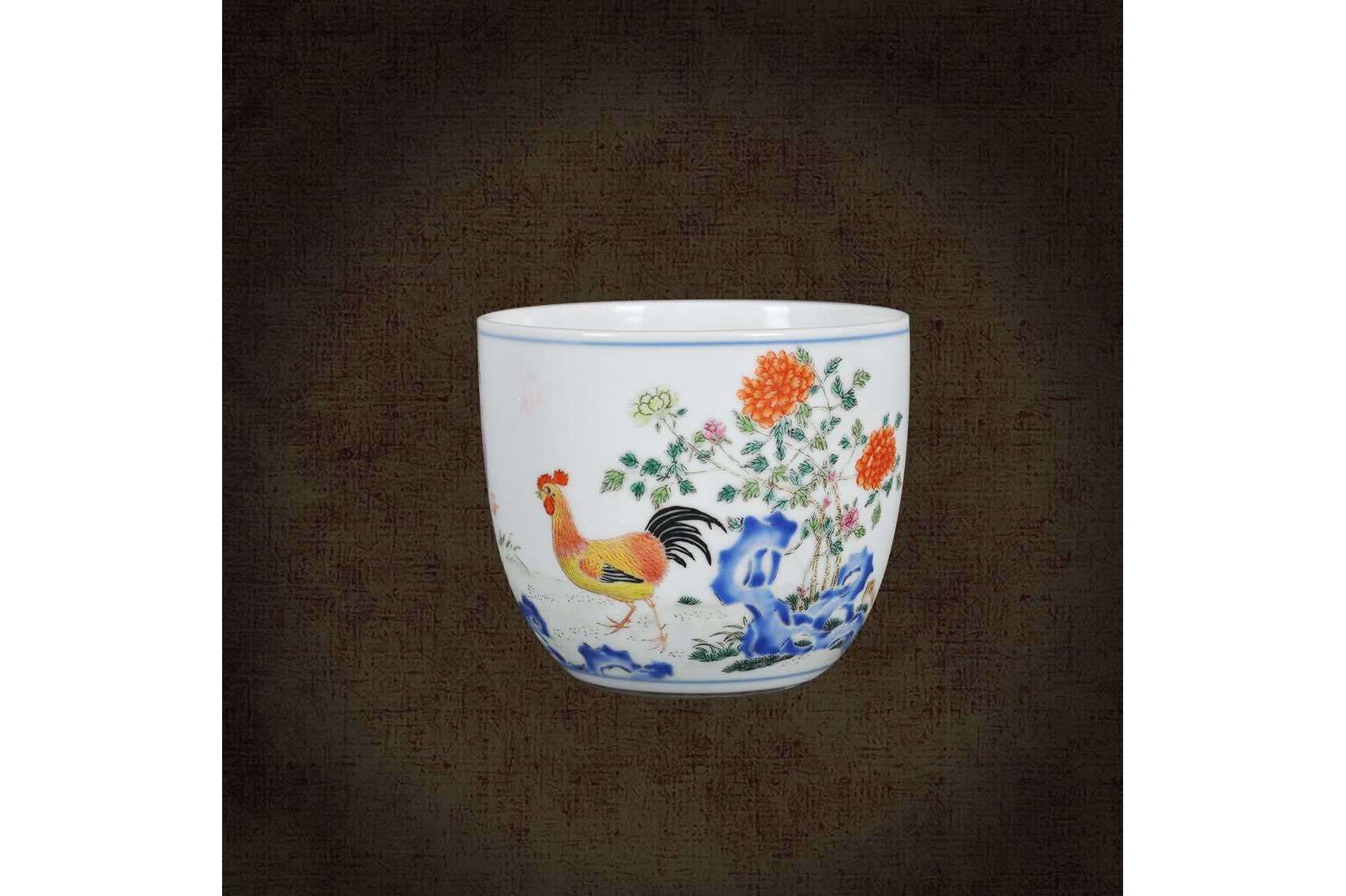 清乾隆粉彩牡丹诗文图鸡缸杯