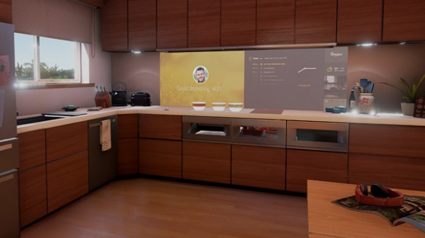 智能概念厨房能够识别出进入厨房的人,并在厨房中的显示屏上显示主人