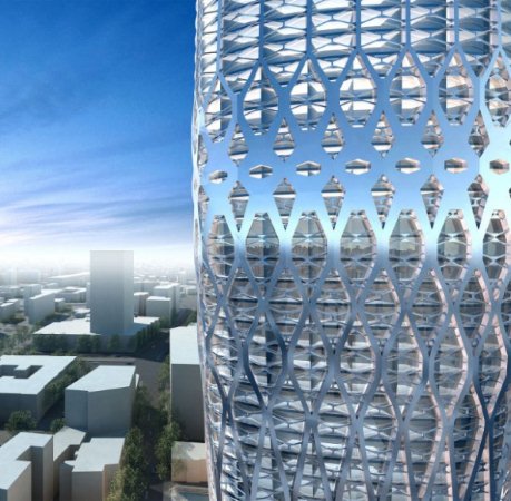 富有创新性的蜿蜒变化的网状结构形成了整栋大楼的支撑体系 /p>