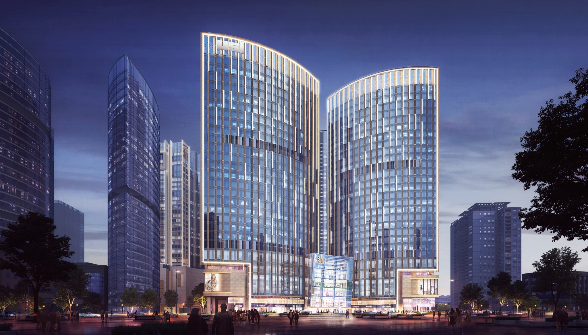 由6座弧形塔楼环抱之状形成,塔楼端坐于商业裙楼之上