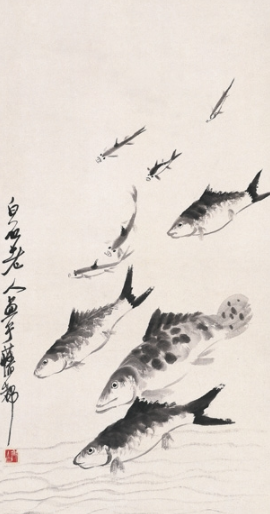  p>《群鱼竞游》是近现代画家齐白石于1920年创作的一幅水墨画. /p>