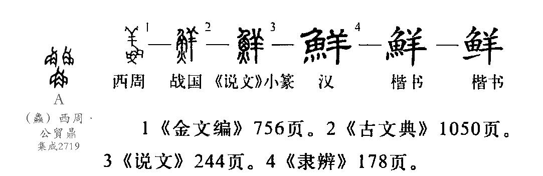 此字始见于西周金文,古字形从鱼从羊,羊肉和鱼肉都是味道鲜美的食物