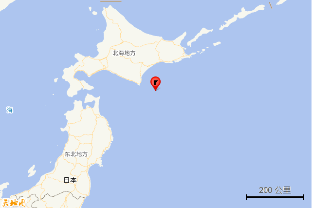 1级地震,震源深度30千米,震中位于北纬41.65度,东经144.00度. /p>