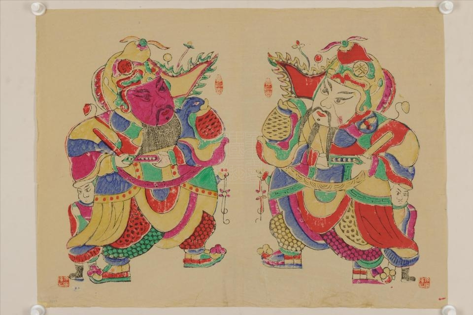 现代梁平红白脸门神年画