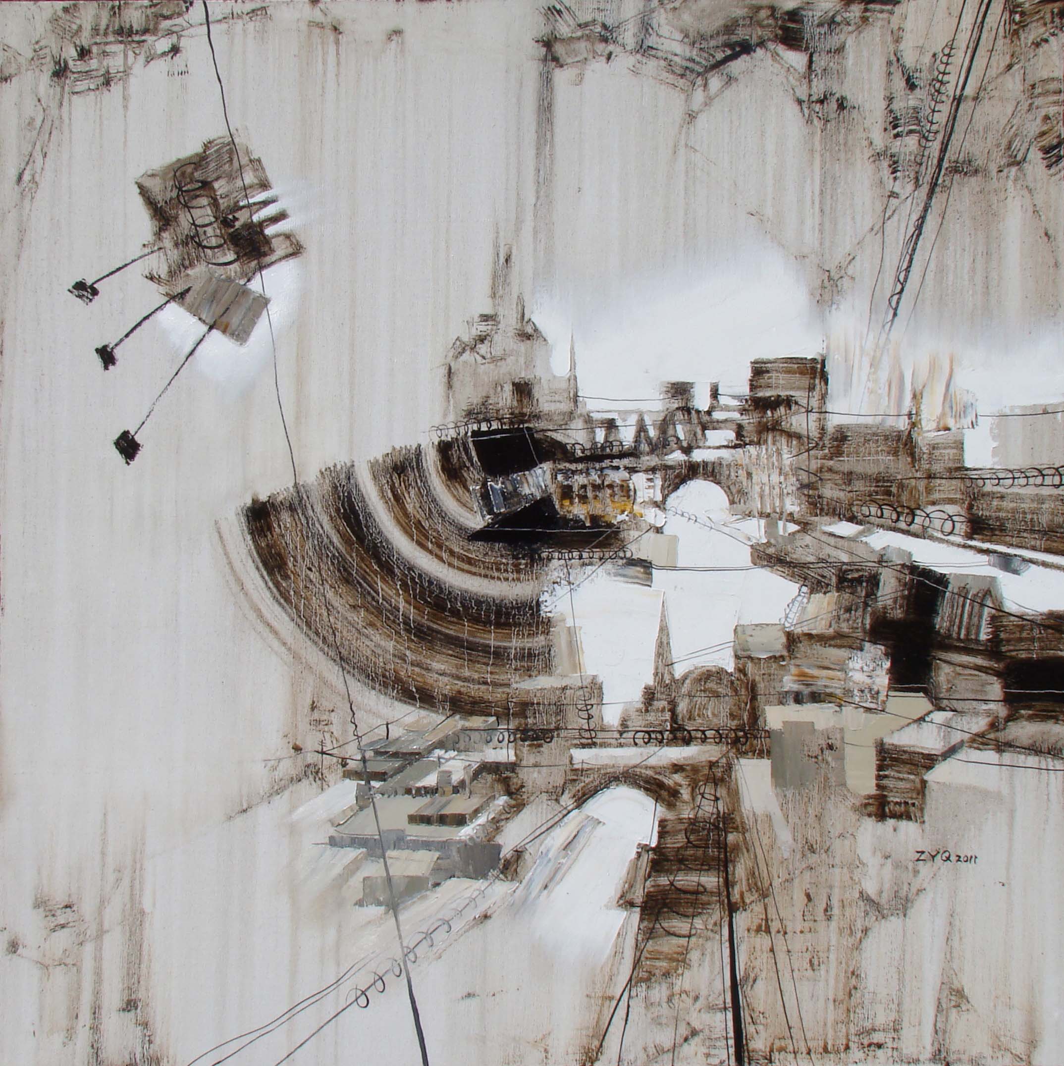 作品多以抽象解构主义为基本形式,用即兴的,带有草图式的表现手法,在