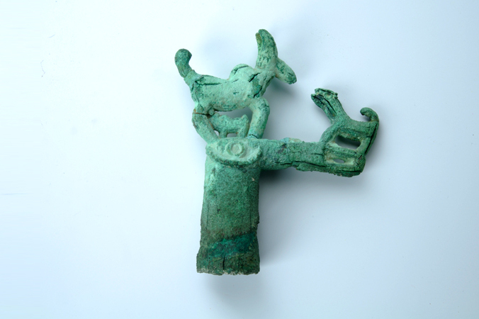 卡约文化鹫首牛犬铜权杖饰件