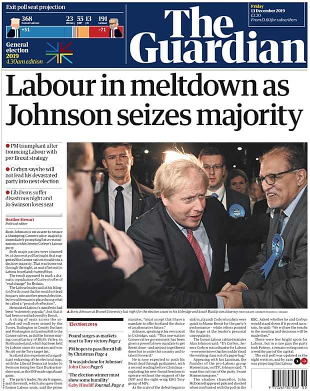  The Guardian: The Labour Party collapsed, and Johnson won the majority of seats.