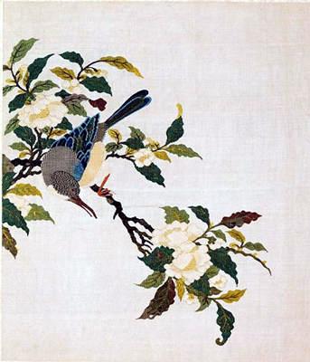 明代缂丝《山茶禽鸟》