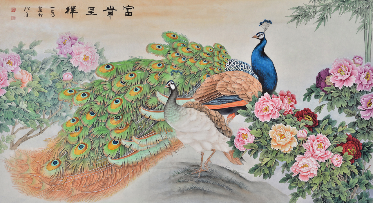 《孔雀牡丹图》,主要以孔雀,牡丹为题材构图的国画花鸟字画,孔雀展屛