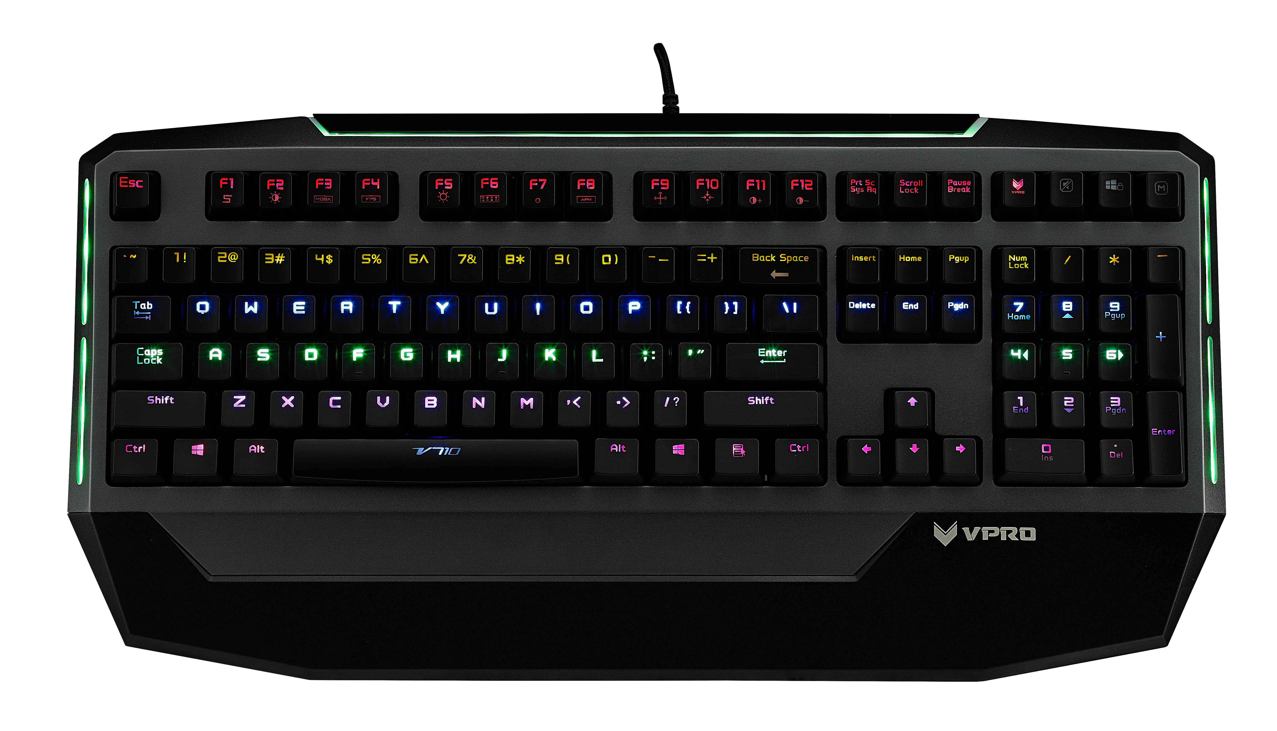  /p> p>雷柏v710混彩背光防水全无冲游戏机械键盘采用雷柏自主青轴