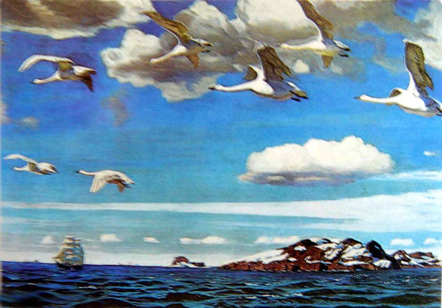1918年创作了杰出的《晴空万里》充满阳光的海面和自由翱翔的天鹅