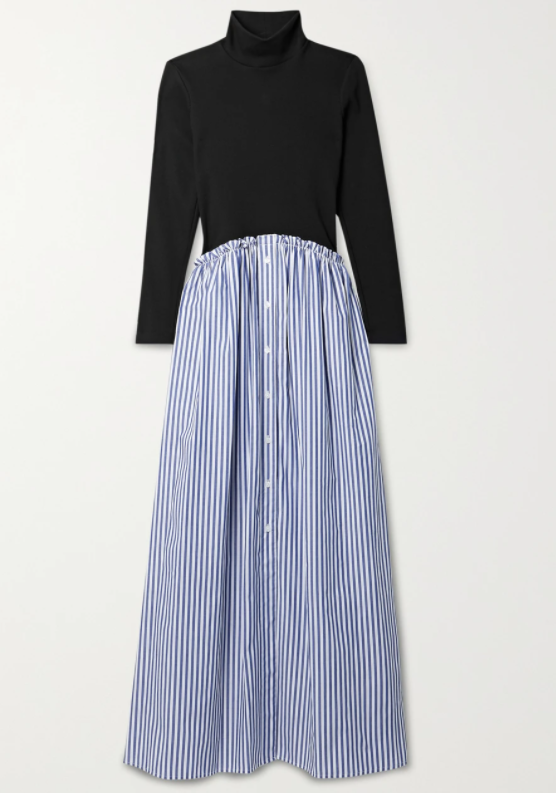 条纹棉质混纺巴里纱罗纹平纹布超长连衣裙