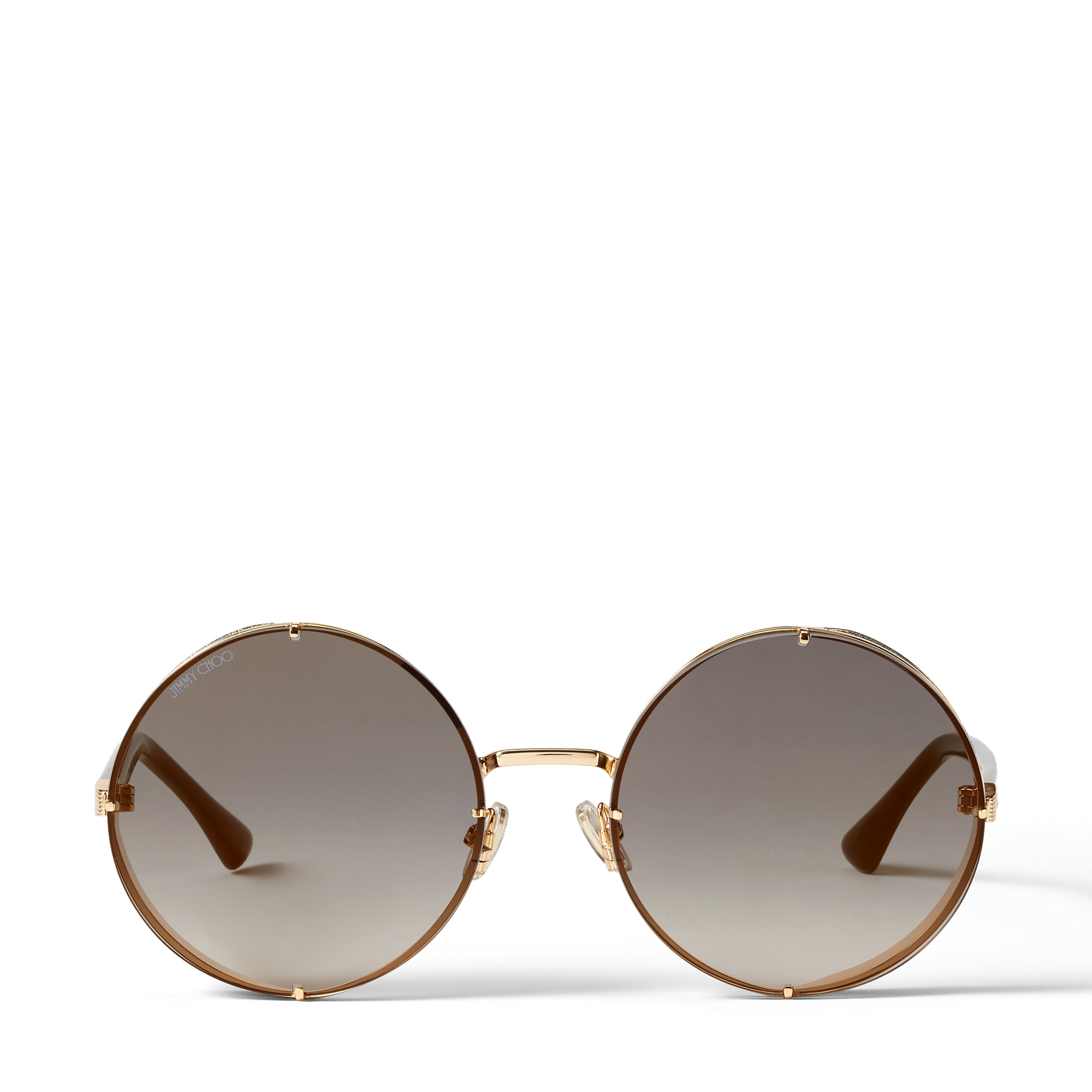 灰色渐变金色镜面镜片玫瑰金金属圆框太阳镜