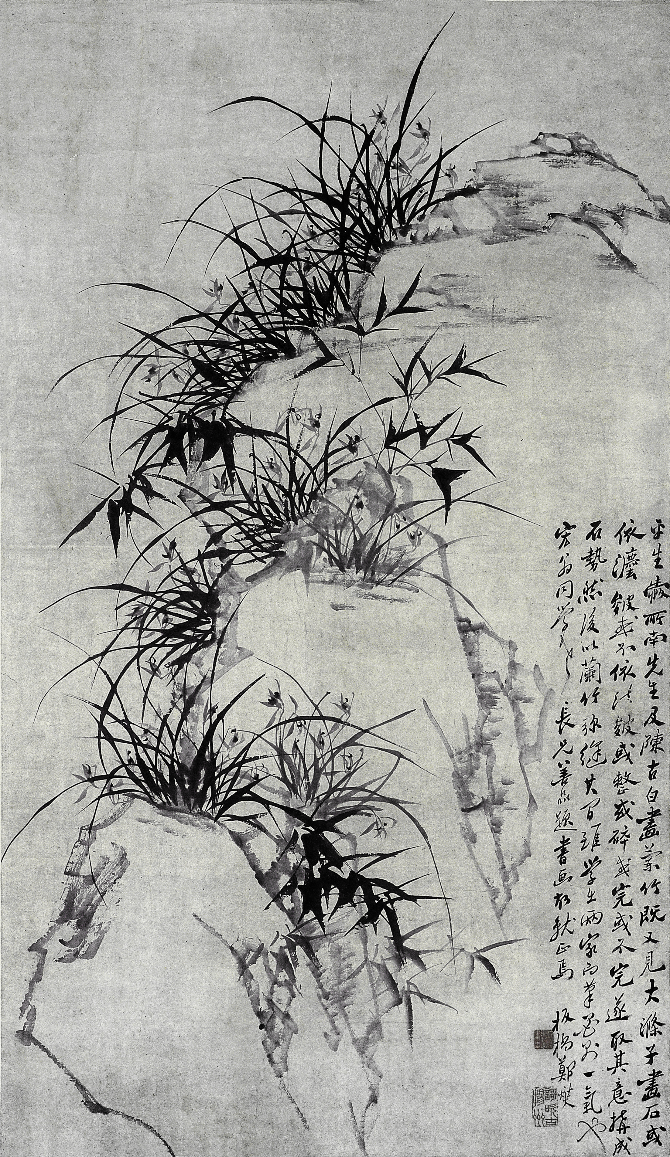 构图简洁,用笔劲健,以石为脉,兰竹疏密得当,浓淡相宜,为板桥兰竹精品