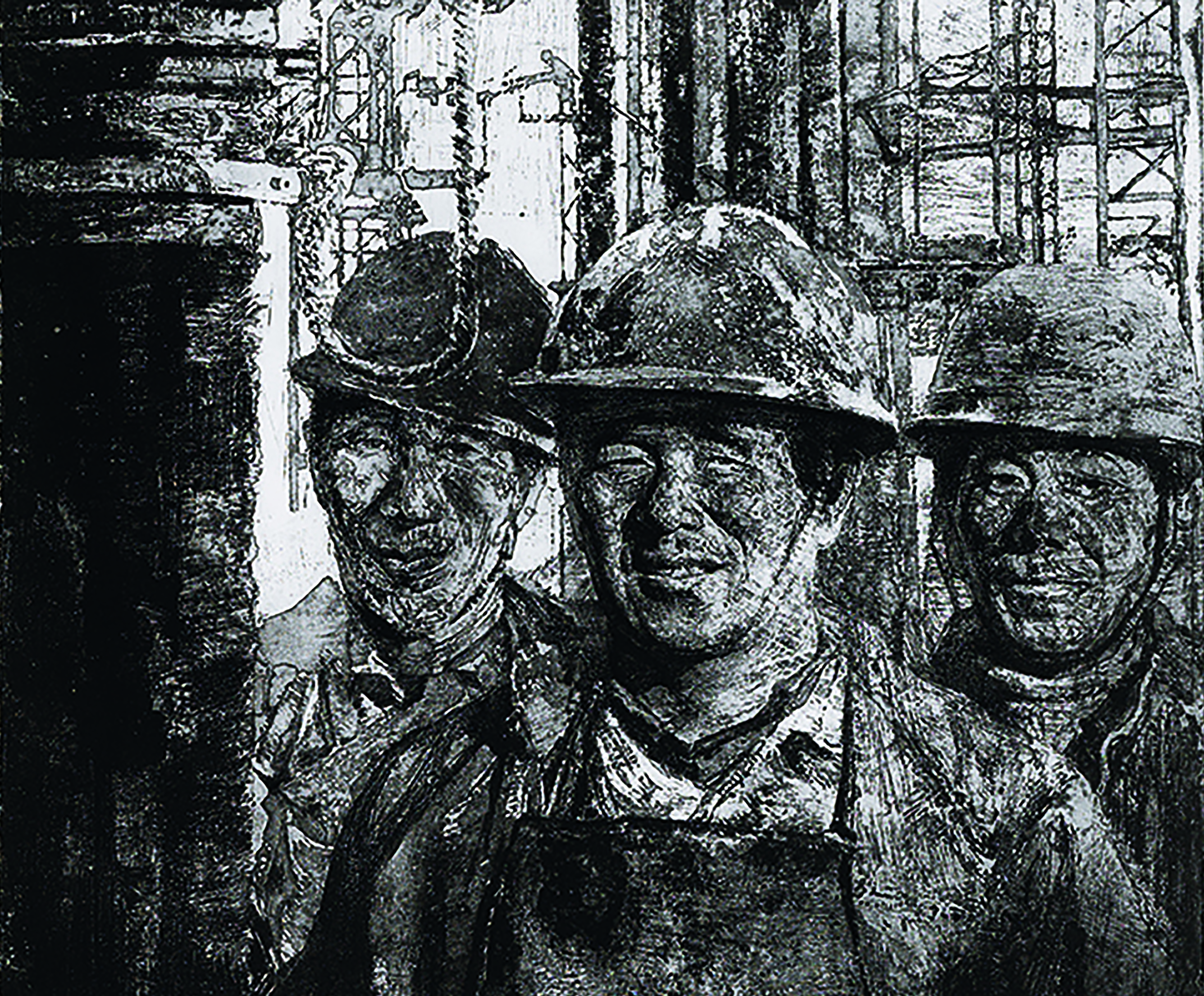  p>《阳光下的大桥浇铸工》为曹丹于2019年创作的现实题材铜版画作品