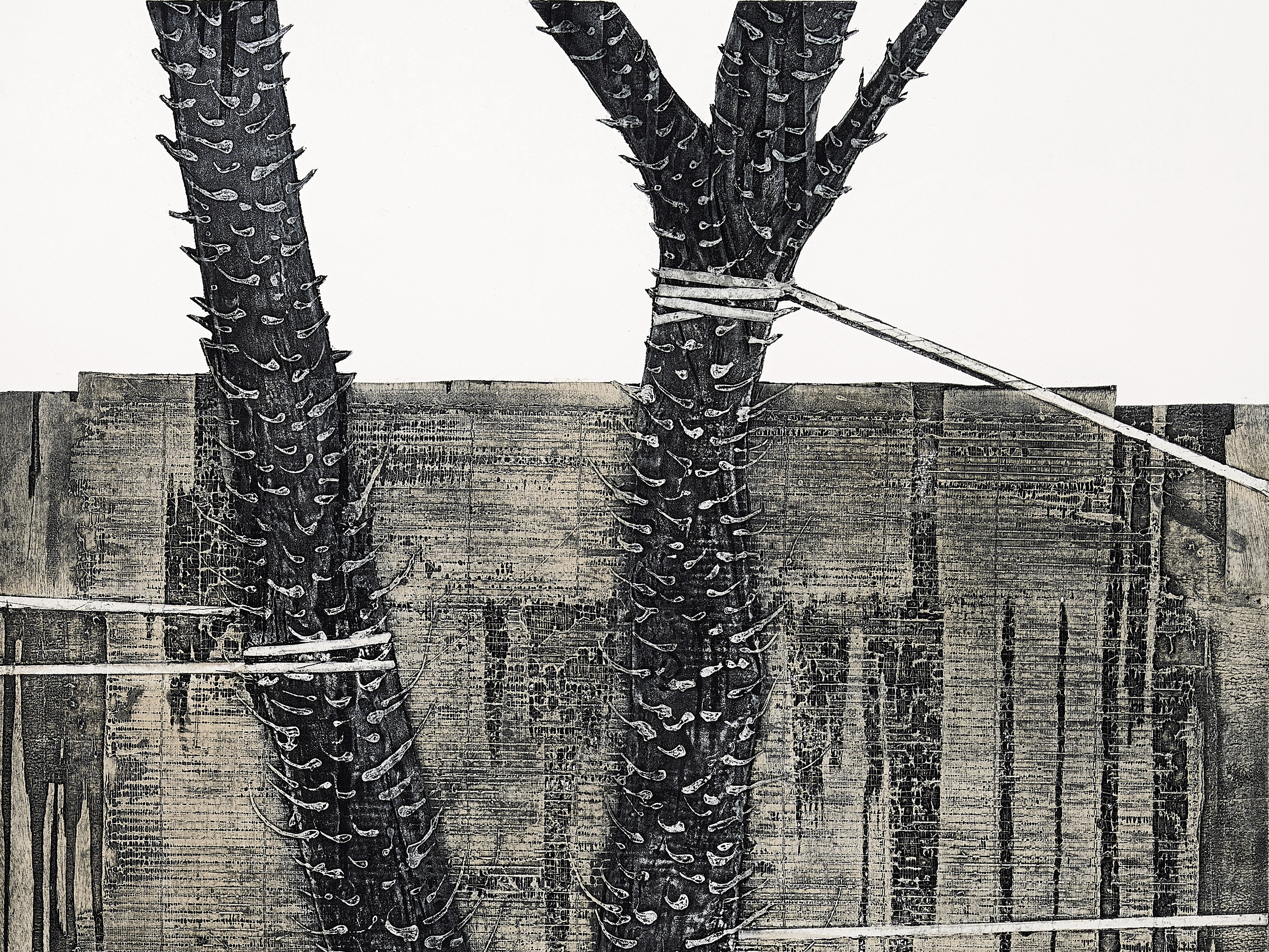  p>《自由生长-长刺的树与号角》是潘旭于2021年创作的综合材料版画